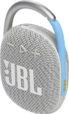 A close-up, angled view of a JBL Clip 4 portable speaker.