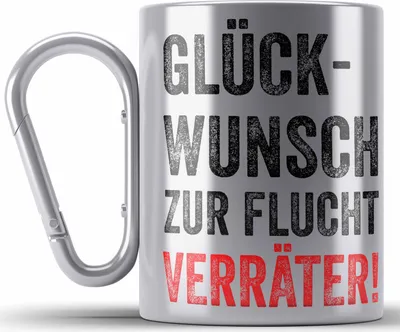 Produktbild von Trendation - Jobwechsel Edelstahl Tasse Karabiner Geschenk Kollegin Kollege Lustig Abschiedsgeschenk Sprüche Glückwunsch Zur Flucht (Silber)