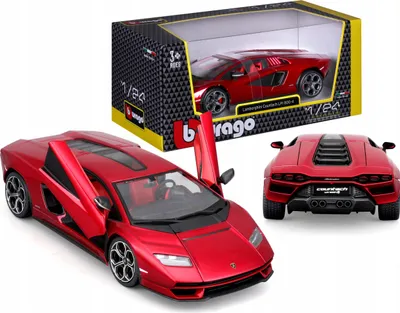 A red Lamborghini Countach LPI 800-4 model car is displayed with its packaging and a rear view of the car.
