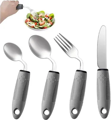 Produktbild von Ergonomisches Besteck 4-teilig - Gebogenes Besteck 42° - Adaptives Essbesteck mit verdicktem Griff - Griffbesteck für Senioren - Rechtshänder