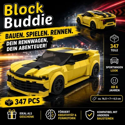 Produktbild von BlockBuddie™ Camaro inspiriertes Klemmbaustein Set 347 Teile - Auto Modell Bauset Sportwagen