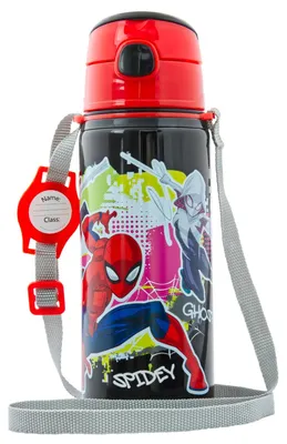Produktbild von Kinder Trinkflasche Spiderman 600ml Schwarz Tragegurt Alu Marvel Held