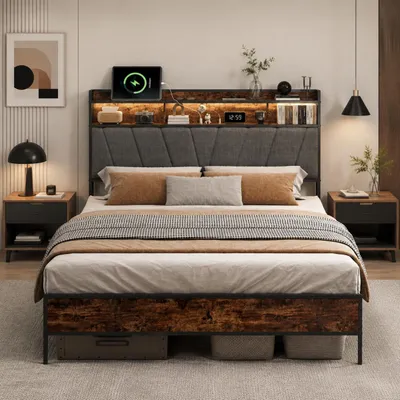 Obrázek produktu pro Postel INONEFT kovová, rozměr 160x200 cm, s čelem, úložným prostorem, čalouněná postel s LED osvětlením a funkcí USB nabíjení, rám postele s lamelovým roštem, barva: šedá, Obrázek vytvořený pomocí AI