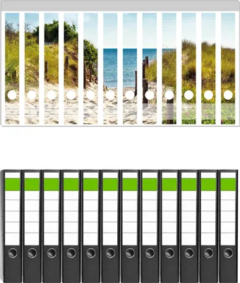 Produktbild von Wallario 12 Stück schmale Ordner inkl. Klebeetiketten mit Motive Auf dem Sandweg zum Strand -  Set mit Rückenschildern / Ordnerrücken Stickern