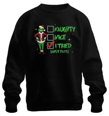 Immagine prodotto di Grinch Babbo Natale "I Tried" (Quasi tutti i giorni) - Felpa unisex con cappuccio "Christmas Checkmark", divertente, Nero, XL