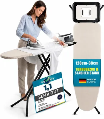 Produktbild von STAHLMANN® Bügelbrett für Dampfbügelstation [120x38 cm Bügelfläche] höhenverstellbar 75-88 cm, Stahlablage mit Silikonschutz, perforierte Metallplatte, Turbobezug 100% Baumwolle,  Europe