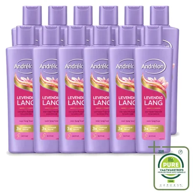 Imagen del producto de 12 champús Andrélon Levendig Lang, 250 ml cada uno, pack grande, 12 unidades