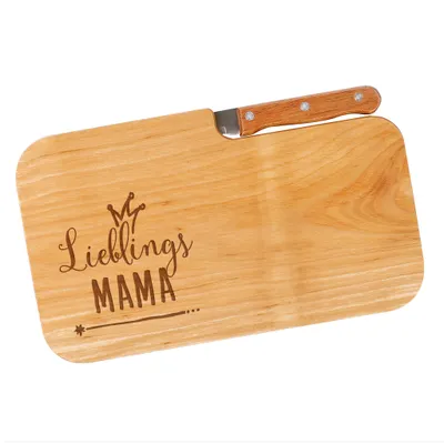 Produktbild von Frühstücksbrett mit Messer und Gravur – Geschenk für Mama, Papa, Freunde & Familie - Brettchen aus geöltem Erlenholz (Lieblingsmama)