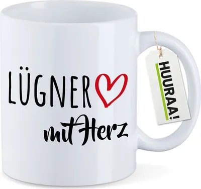 Produktbild von Huuraa Kaffeetasse Lügner mit Herz 330ml Weiß Keramik Kaffeebecher Geschenkidee
