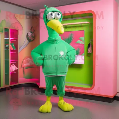 Produktbild von Limettengrüner REDBROKOLY Flamingo Maskottchen Kostüm charakter bekleidet mit einem Sweatshirt und Gürteln