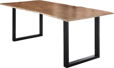 Produktbild von Esstisch 220x100 cm Lubin, Akazienholz naturfarben, Massiver Esszimmertisch mit echter Baumkante, Baumkantentisch mit U-Gestell Schwarz, 26 mm Tischplatte