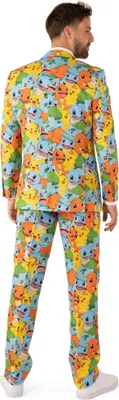 A man wearing a colorful Pokémon-themed suit.