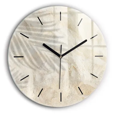 Produktbild von Wallfluent Große Wanduhr – Stilles Quarzuhrwerk - Uhr Dekoration Wohnzimmer Schlafzimmer Küche - Zifferblatt mit Striche - schwarze Zeiger - 60 cm - Schatten einer Palme im Sand