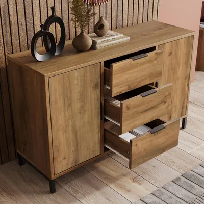Image de OKWISH Buffet 2 Portes 3 Tiroirs - Meuble de Rangement en Bois Massif, Dimensions 120x40x76 cm - Marron