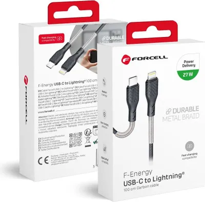 Image de FORCELL Câble carbone type C vers iPhone Lightning 8 broches Power Delivery PD27W CB-01C noir 1 mètre