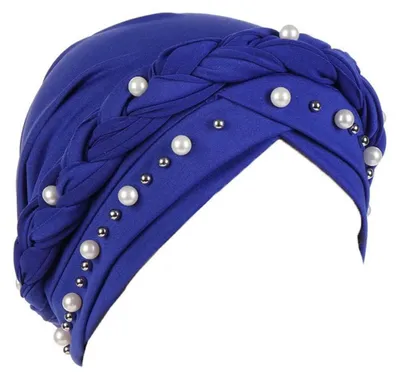 Productafbeelding van Dameshoofddoek, chemo-turban met parel, koningsblauw, melksatijn, one size