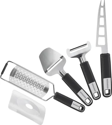 Produktbild von Fackelmann Käse-Set SENSE, Küchenhelfer aus hochwertigem Edelstahl mit langlebigem Soft-Touch-Griff, ( Farbe: Schwarz/ Silber), Menge: 1 x 4er Set