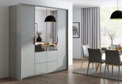 Produktbild von Kleiderschrank Wieden mit Spiegel 208 cm, Garderobeschrank Schlafzimmer; Wohnzimmerschrank; Korpus Schrank Farbe: Weiss; Farbe der Schrankfront: Weiss