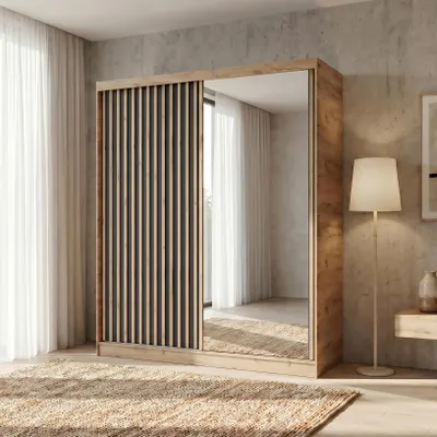 Produktbild von BEAUTYSOFA | Kleiderschrank DONATELLO 180 cm Artisan/Schwarz mit Spiegel und Lamellen Schwebetürenschrank modern