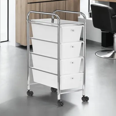 Produktbild von Badrollwagen GINA mit 4 Schubladen, Badezimmerwagen aus robustem Metallgestell, Aufbewahrungsewagen mit Ablageboden aus Metall