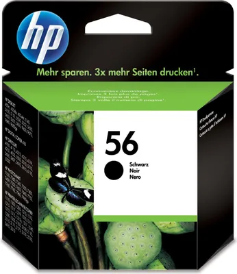 The image shows the packaging of an HP 56 black ink cartridge. The packaging features the HP logo, product number, and descriptive text in multiple languages. A close-up image of lotus seed pods with a butterfly is also visible on the packaging.