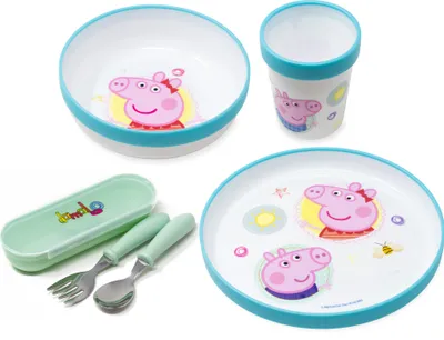 Produktbild von Peppa Wutz Kindergeschirr Set rutschfest mit Kinderbesteck BPA frei - 5-teiliges Peppa Pig Geschirrset - Kinder & Baby Geschirr Set mit Besteck