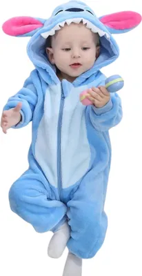 A baby wearing a blue Stitch costume, holding a rattle.