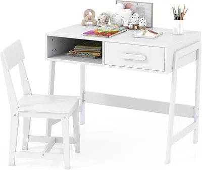 Imagen del producto de Escritorio infantil con silla, set de escritorio para niños de madera, escritorio juvenil con cajón y estante, escritorio para niños a partir de 3 años, 85 x 46 x 70 cm (blanco)