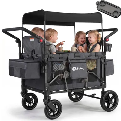 Produktbild von Sekey Faltbarer Bollerwagen mit Dach, Kinderwagen für 2-4 Kinder, 4 Sitzer Zwillingskinderwagen mit 4 integrierten 5-Punkt-Gurtsystem, Schwarz