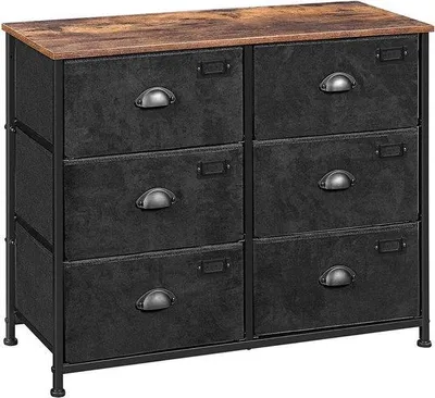 Produktbild von Unyqoos® Kommode mit 6 Schubladen – Industrial Metallgestell, MDF-Holzmaserung, Imitat‑Suede Fronten, Vintage Braun‑Schwarz, 80×30×70 cm