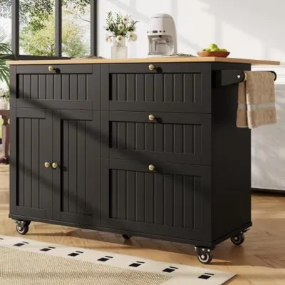 Image de Îlot de cuisine avec imitation bois, table à manger multifonctionnelle avec espace de rangement, couleur noire