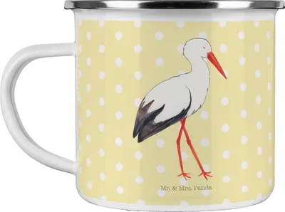 Produktbild von Mr. & Mrs. Panda Blechtasse Storch - Gelb Pastell - Geschenk, Reisebecher, Geburt, Motivtasse, Teetasse, Schwanger, Lustige Sprüche, Pott, Emaille Becher, Mütter, Mutter