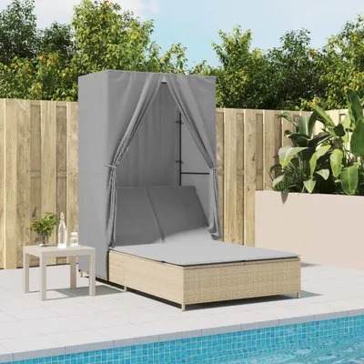 Produktbild von Doppel-Sonnenliege, Gartenliege 2-Personen, mit Dach und Vorhängen Beige Poly Rattan - Liegestuhl CC22373