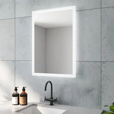 Produktbild von AQUABATOS Badspiegel mit LED Beleuchtung energiesparend IP44 Wandspiegel 70 x 50cm Antibeschlag Dimmbar Touch Schalter Kaltweiß 6400K