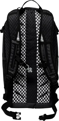 The back of a black backpack is shown against a white background.