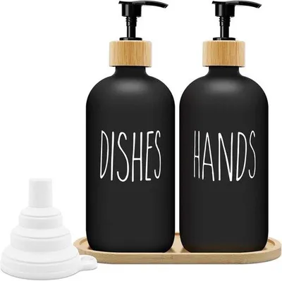 Produktbild von Glas Zeepdispenser Set schwarz 500ml mit Bambus Unterteller