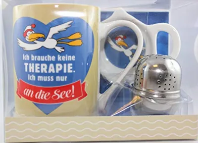 Produktbild von GILDE - 46520 - Teeset Möwe, Ich Brauche Keine Therapie. Ich muss nur an die See, 3-teilig Becher, Schale, Teekugel, Porzellan, 330ml