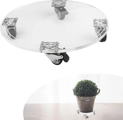 A clear acrylic plant stand with wheels is shown from above, and a small potted plant is shown on a similar stand from the side.