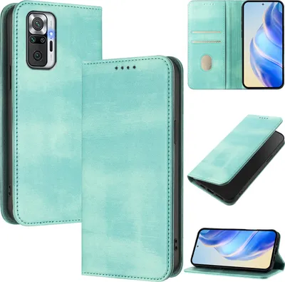 Produktbild von Handyhülle für Xiaomi Redmi Note 10 Pro/Note 10 Pro Max, Vintage Leder RFID Schutz Kartenfach Standfunktion Magnetische Klapphülle Türkis