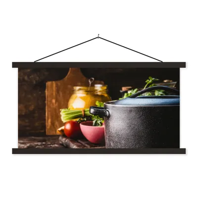 Produktbild von MuchoWow® Textilposter Rustikal - Stilleben - Pfanne - Gemüse 90x45 cm mit schwarzem Rahmen - Klemmleisten