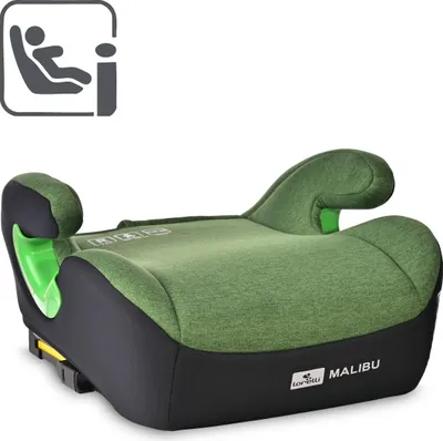 A green and black child car seat booster.