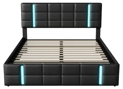 Image de Lit 160 × 200 - Lit avec rangement - Sommier à lattes - Cadre en bois - Sans matelas - Noir