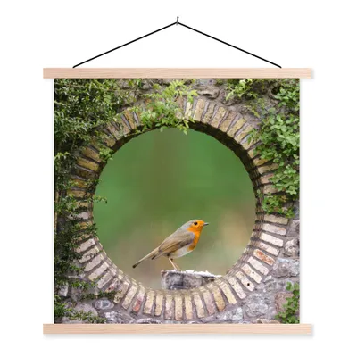 Produktbild von MuchoWow® Textilposter Vogel - Durchblick - Rotkehlchen 120x120 cm mit holzfarbenen Rahmen - Textil-Poster