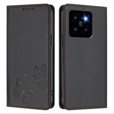 Obrázek produktu pro Kožené pouzdro pro Xiaomi 14 Pro, motýlí ražbou, peněženkové flip pouzdro se stojánkem Černá