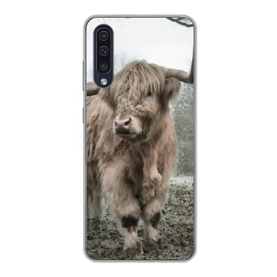 Produktbild von MuchoWow® Handyhülle Schutzhülle Hülle für Samsung Galaxy A30s Schottischer Highlander - Wald - Nebel - Kuh - Tiere - Natur Silikon Softcase Handy Hülle - Karteninhaber