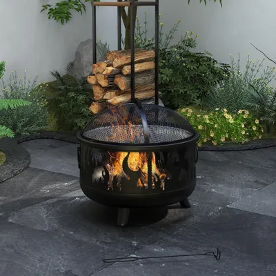 Produktbild von Feuerschale 2-in-1 mit Grillrost Funkenschutz Schürhaken, Feuerstelle Feuerkorb rund, Metall lackiert, Schwarz | Ø61,5 x 55 cm | bis 500 °C | 7 kg