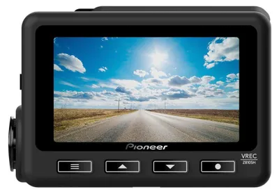 A black Pioneer VREC-Z810SH dashcam is shown from the front, displaying a road scene on its screen.