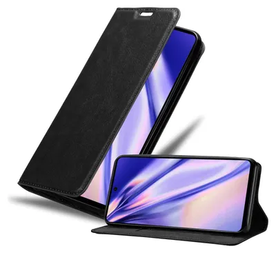 A black flip phone case is shown with a smartphone inside, displaying a colorful wallpaper.