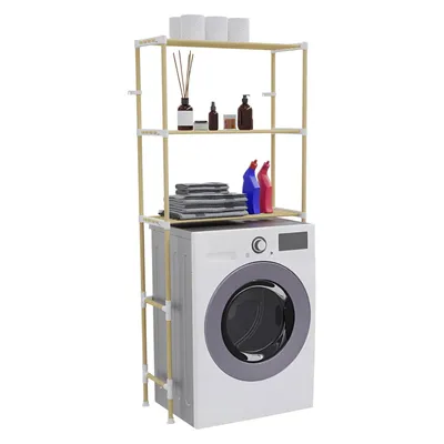 A shelf unit for a washing machine, with various items on the shelves.