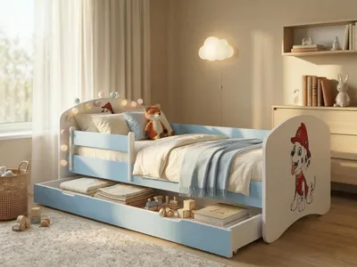 Produktbild von Blaues Kinderbett 140x70 komplett mit Rausfallschutz, Matratze und Bettschublade | Sicheres Kleinkinderbett mit Stauraum
